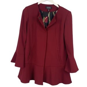 Dennis by Dennis Basso Wine Ruffle Sleeve Hem Suit Blazer Jacket Floral Lining